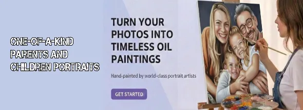 Custom parents and children portrait service with an artist hand‑painting a smiling family from a photo, showcasing one‑of‑a‑kind hand‑painted oil artwork.